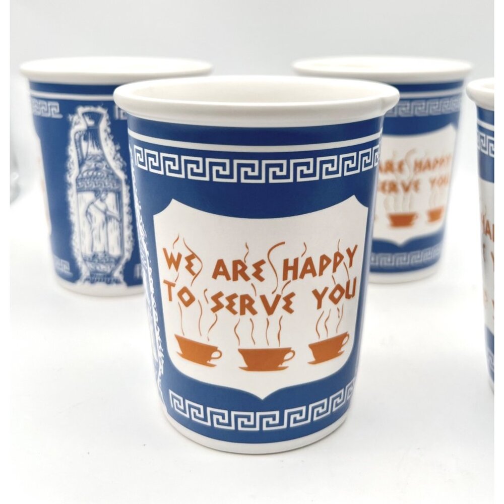 "We Are Happy To Serve You" Ceramic Coffee Cups (Set of 4) New York Greek Design - Picture 2 of 7